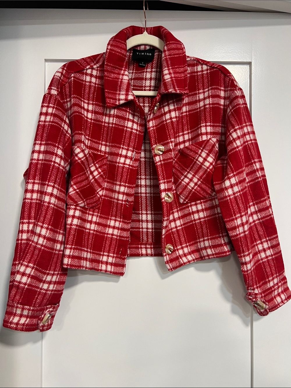 Timing Red White Plaid Cropped Button Jacket